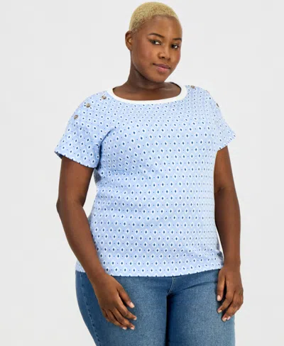Style & Co Plus Size Nautical-button Geo-tile Cotton T-shirt, Macy's Exclusive In Blue
