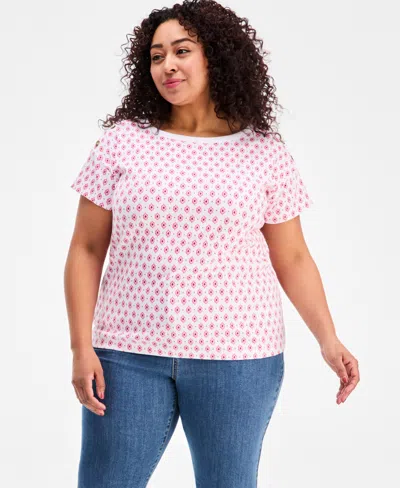 Style & Co Plus Size Nautical-button Geo-tile Cotton T-shirt, Macy's Exclusive In Pink