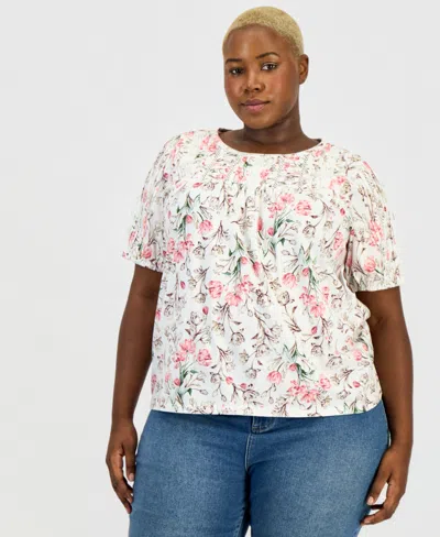 Style & Co Plus Size Outline Floral Blouse, Macy's Exclusive In White