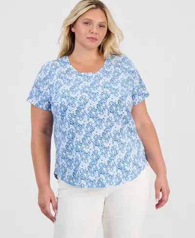 Style & Co Plus Size Patterson Flora Crewneck Curved-hem T-shirt, Macy's Exclusive In Blue