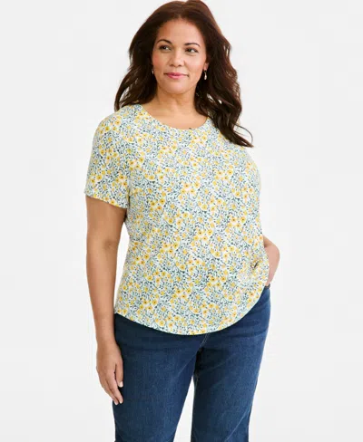 Style & Co Plus Size Patterson Flora Crewneck Curved-hem T-shirt, Macy's Exclusive In Multi