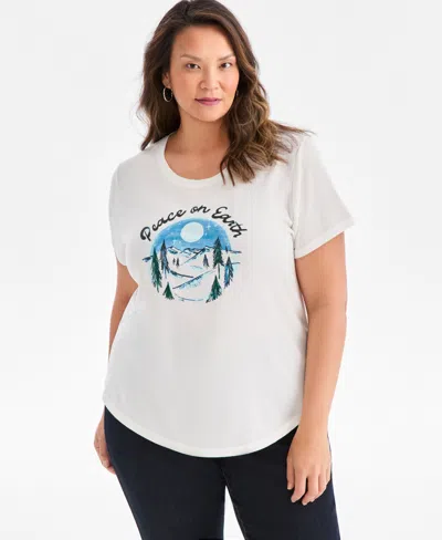 Style & Co Plus Size Peace On Earth Graphic T-shirt, Macy's Exclusive In White