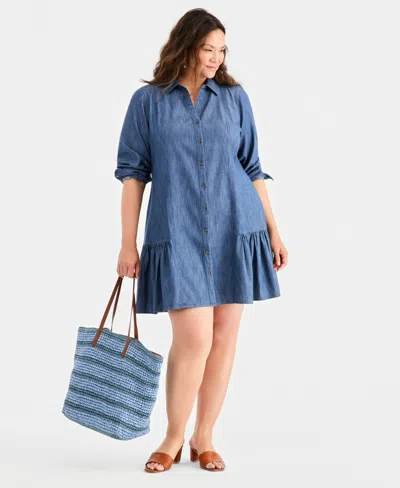 Style & Co Plus Size Peplum Shirt Dress, Macy's Exclusive In Blue