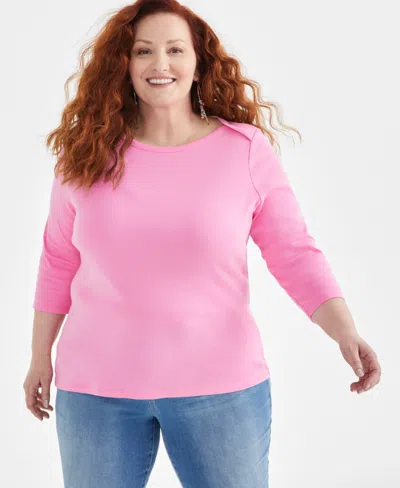 Style & Co Plus Size Pima Cotton 3/4-sleeve Top, Created For Macy's In Pink Stileto