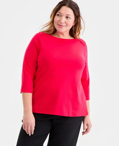 Style & Co Plus Size Pima Cotton 3/4-sleeve Top, Exclusively At Macy's In Red