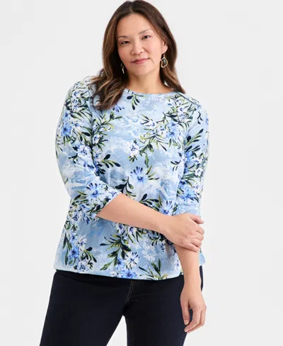 Style & Co Plus Size Pima Cotton 3/4-sleeve Top, Exclusively At Macy's In Blue