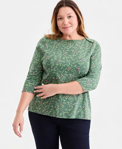 Style & Co Plus Size Pima Cotton 3/4-sleeve Top, Exclusively At Macy's In Green