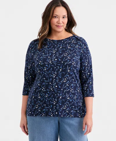 Style & Co Plus Size Pima Cotton 3/4-sleeve Top, Exclusively At Macy's In Blue