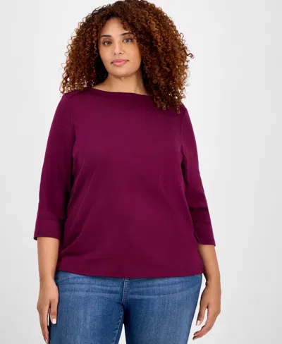 Style & Co Plus Size Pima Cotton 3/4-sleeve Top, Exclusively At Macy's In Burgundy