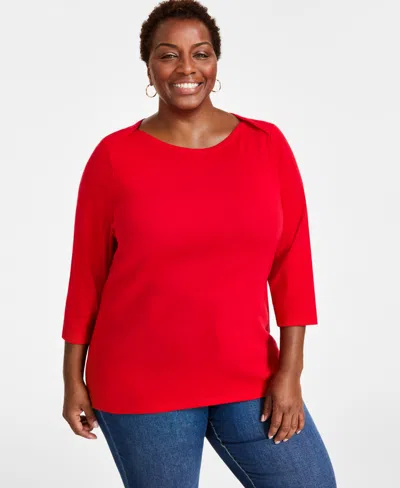 Style & Co Plus Size Pima Cotton 3/4-sleeve Top, Exclusively At Macy's In Tango Red