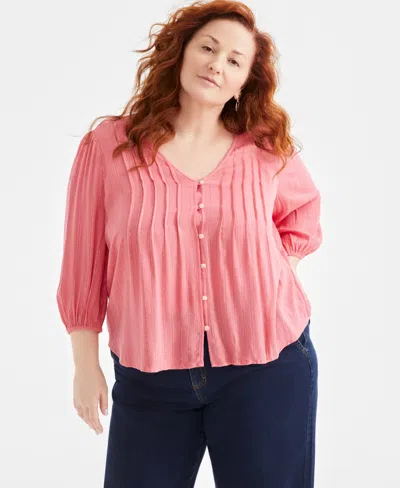 Style & Co Plus Size Pintuck-front 3/4-sleeve Blouse, Exclusively At Macy's In Coral Pink
