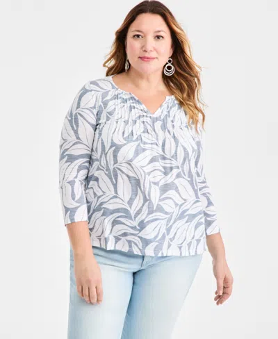 Style & Co Plus Size Pintuck Split-neck Top, Macy's Exclusive In Blue