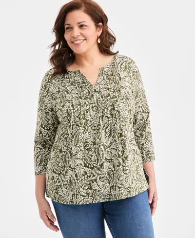 Style & Co Plus Size Pintuck Split-neck Top, Macy's Exclusive In Green