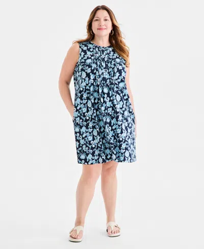 Style & Co Plus Size Pintucked Sleeveless Henley Dress, Macy's Exclusive In Blue