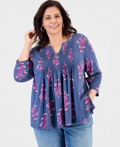 Style & Co Plus Size Pintucked Split-neck 3/4-sleeve Top, Macy's Exclusive In Multi