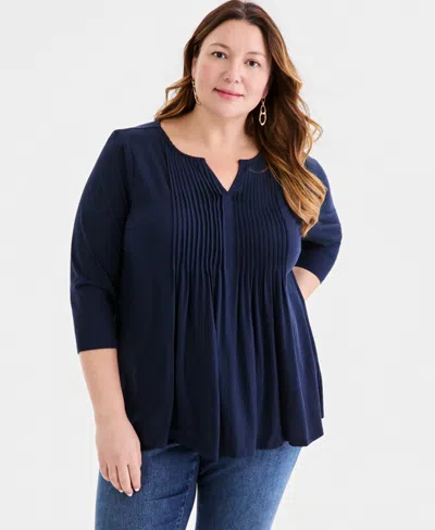 Style & Co Plus Size Pintucked Split-neck 3/4-sleeve Top, Macy's Exclusive In Multi