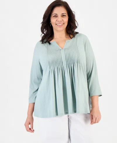 Style & Co Plus Size Pintucked Split-neck 3/4-sleeve Top, Macy's Exclusive In Multi