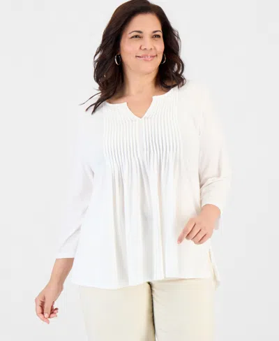 Style & Co Plus Size Pintucked Split-neck 3/4-sleeve Top, Macy's Exclusive In Multi