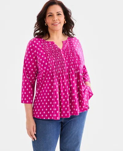 Style & Co Plus Size Pintucked Split-neck 3/4-sleeve Top, Macy's Exclusive In Pink