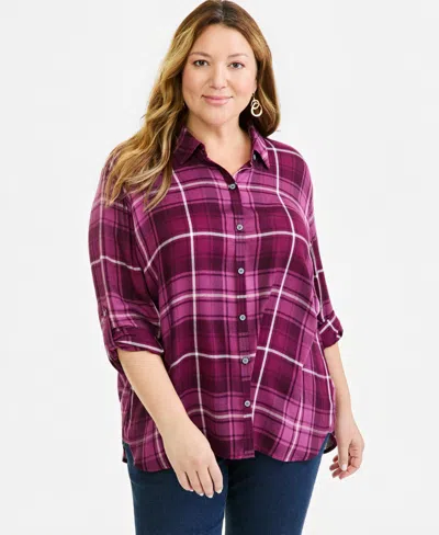Style & Co Plus Size Plaid Button-up Shirt, Macy's Exclusive In Purple