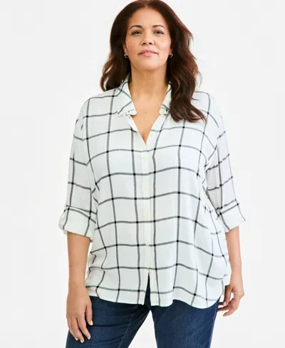 Style & Co Plus Size Plaid Point-collar Long-sleeve Button-down Shirt, Macy's Exclusive In White