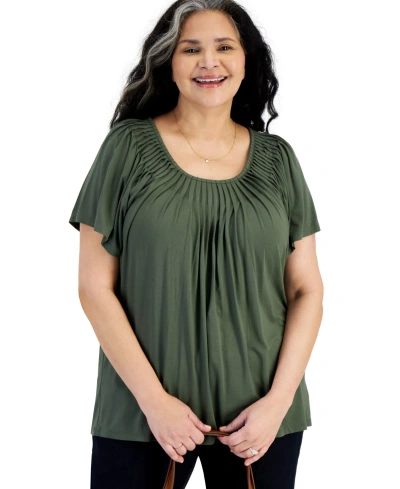 Style & Co Plus Size Pleat-neck Top, Created For Macy's In Oliva