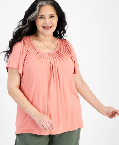 Style & Co Plus Size Pleat-neck Top, Created For Macy's In Sea Coral