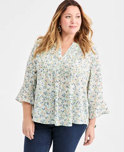 Style & Co Plus Size Pleated Ditsy-print Top, Macy's Exclusive In Green