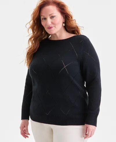 Style & Co Plus Size Pointelle Boat-neck Sweater, Macy's Exclusive In Black