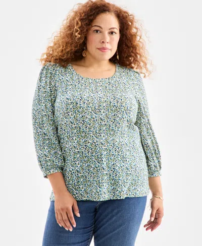 Style & Co Plus Size Printed 3/4-sleeve Blouse, Macy's Exclusive In Multi