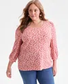 Style & Co Plus Size Printed 3/4-sleeve Blouse, Macy's Exclusive In Pink