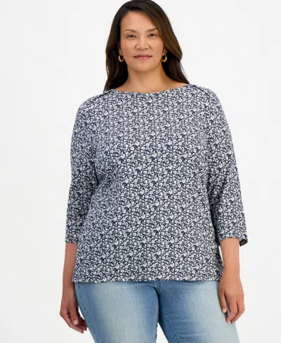 Style & Co Plus Size Printed 3/4 Sleeve Boat-neck Top, Macy's Exclusive In Blue