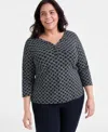 Style & Co Plus Size Printed 3/4-sleeve Henley Top, Exclusively At Macy's In Black