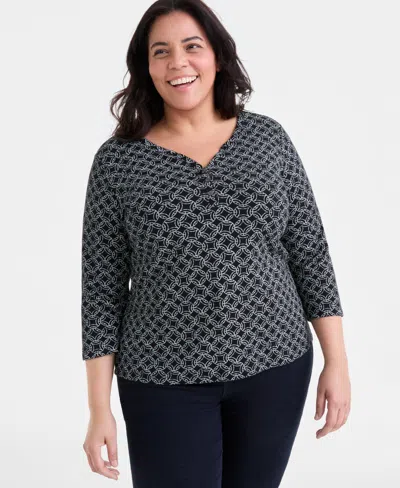 Style & Co Plus Size Printed 3/4-sleeve Henley Top, Exclusively At Macy's In Black