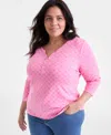 Style & Co Plus Size Printed 3/4-sleeve Henley Top, Exclusively At Macy's In Pink