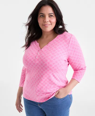 Style & Co Plus Size Printed 3/4-sleeve Henley Top, Exclusively At Macy's In Pink
