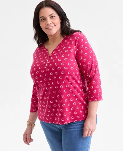 Style & Co Plus Size Printed 3/4-sleeve Henley Top, Macy's Exclusive In Multi