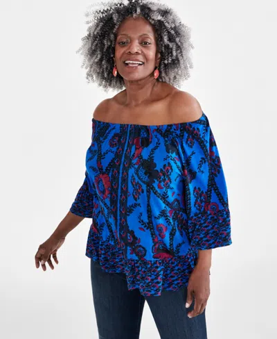 Style & Co Plus Size Printed 3/4-sleeve Top, Created For Macy's In Cobalt