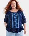 Style & Co Plus Size Printed 3/4-sleeve Top, Created For Macy's In Vine Blue