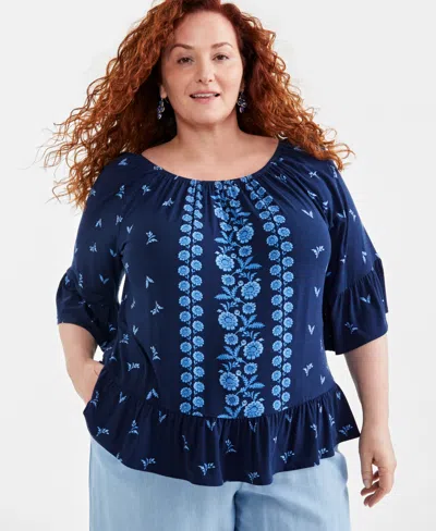 Style & Co Plus Size Printed 3/4-sleeve Top, Created For Macy's In Vine Blue