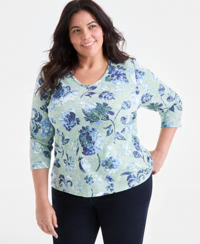 Style & Co Plus Size Printed 3/4-sleeve Top, Exclusively At Macy's In Blue