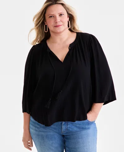 Style & Co Plus Size Printed 3/4-sleeve Top, Exclusively At Macy's In Deep Black