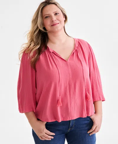 Style & Co Plus Size Printed 3/4-sleeve Top, Exclusively At Macy's In Red Granite