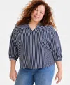 Style & Co Plus Size Printed 3/4-sleeve Top, Exclusively At Macy's In Stripe Blue