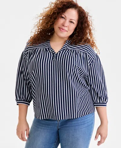 Style & Co Plus Size Printed 3/4-sleeve Top, Exclusively At Macy's In Stripe Blue