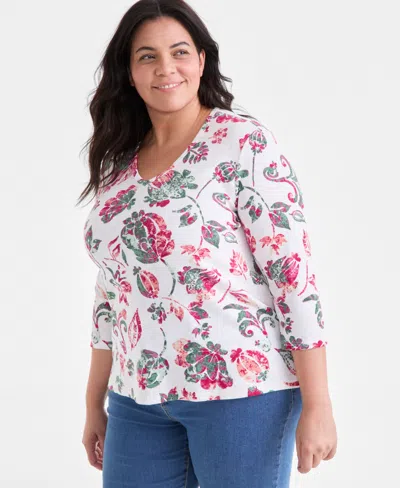 Style & Co Plus Size Printed 3/4-sleeve Top, Exclusively At Macy's In Multi