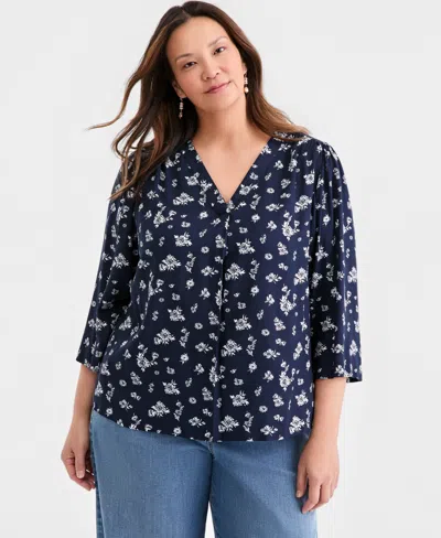 Style & Co Plus Size Printed 3/4-sleeve Top, Macy's Exclusive In Blue