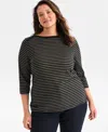 Style & Co Plus Size Printed 3/4-sleeve Top, Macy's Exclusive In Black