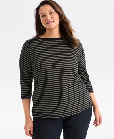 Style & Co Plus Size Printed 3/4-sleeve Top, Macy's Exclusive In Black