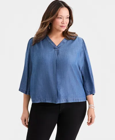 Style & Co Plus Size Printed 3/4-sleeve Top, Macy's Exclusive In Chambray